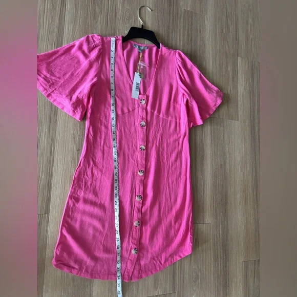 Good Luck Gem Dress Mini Pink Linen Button Flutter Sleeve Womens S Boho NWT - Picture 6 of 11